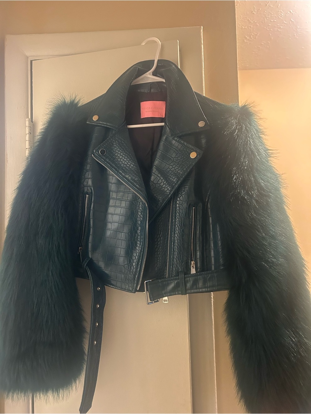 Cropped Faux-Croc Leather Moto Jacket with Faux Fur Sleeves - Dark Green